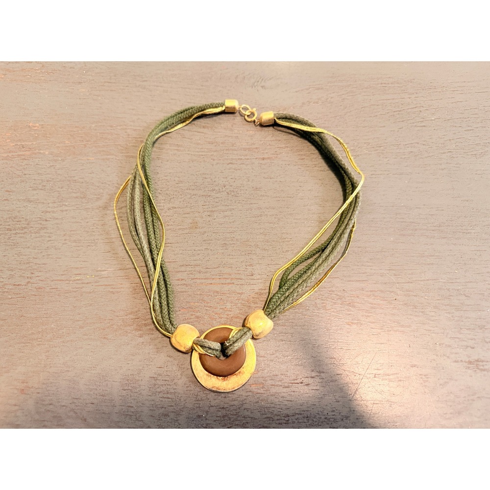 Vintage Multi Strand Cord Necklace Olive Green Gold Tone Boho Statement Pendant